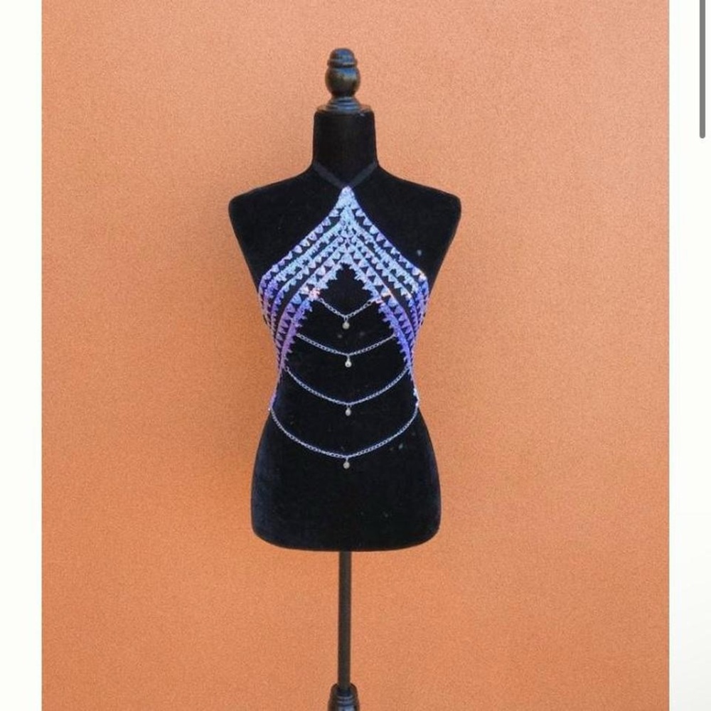 One of a kind iridescent sequin body chain halter top
